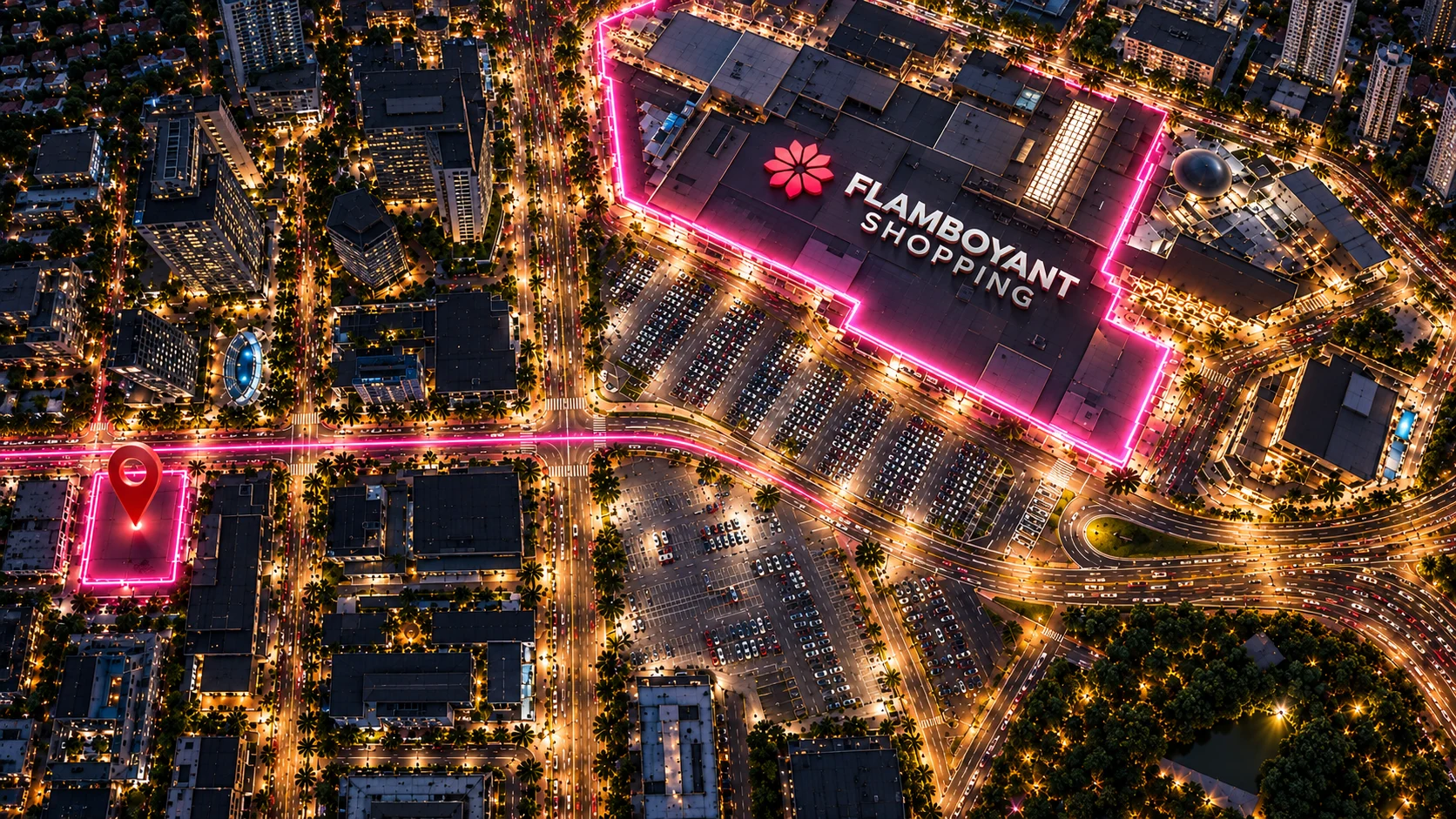 Vista ilustrativa do Flamboyant Shopping e seu entorno, com marcador de localização.